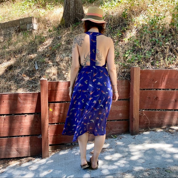 Audrey 3+1 High Low Backless Blue Boho Bird Dress - Picture 2 of 7